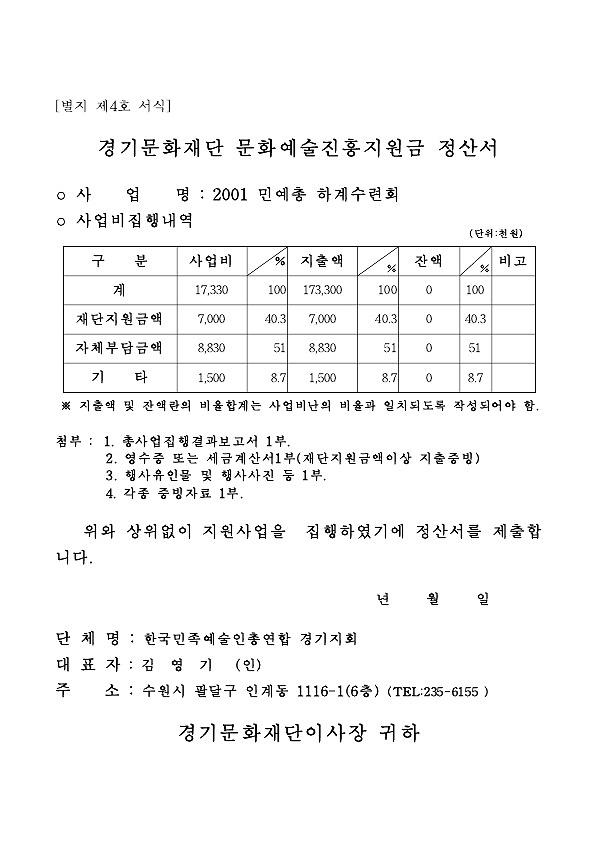 2001 경기민예총 하계수련회 총사업집행 경과보고서