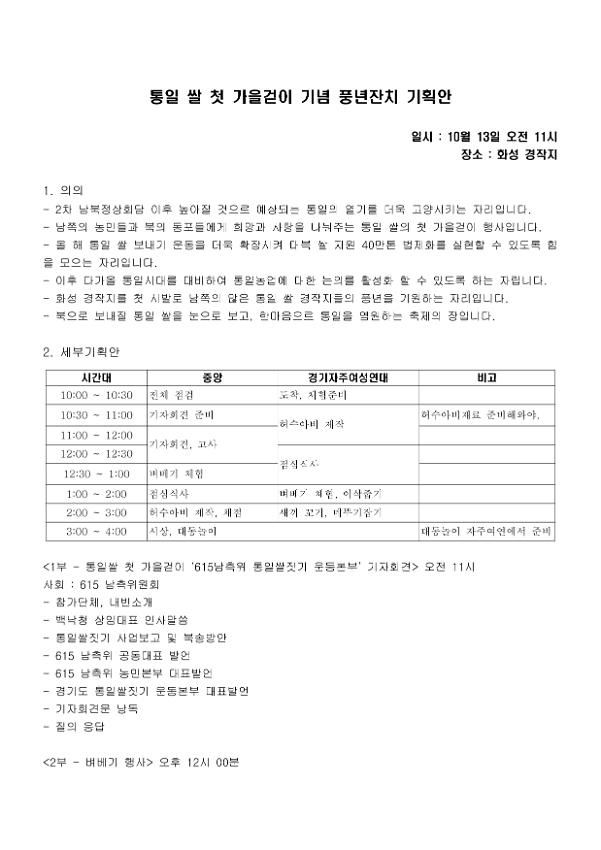 통일 쌀 첫 가을걷이 기념 풍년잔치 기획안