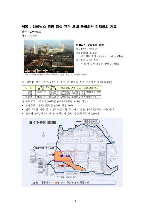 하이닉스 공장 증설 관련 도내 국회의원 정책회의 자료