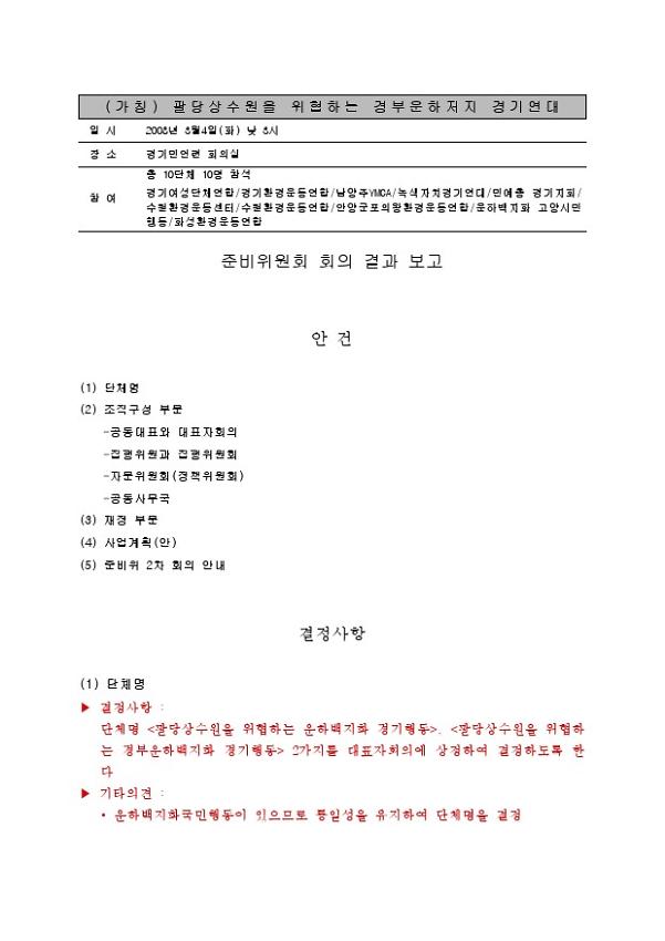 (가칭) 팔당상수원을 위협하는 경부운하저지 경기연대 준비위원회 회의 결과 보고