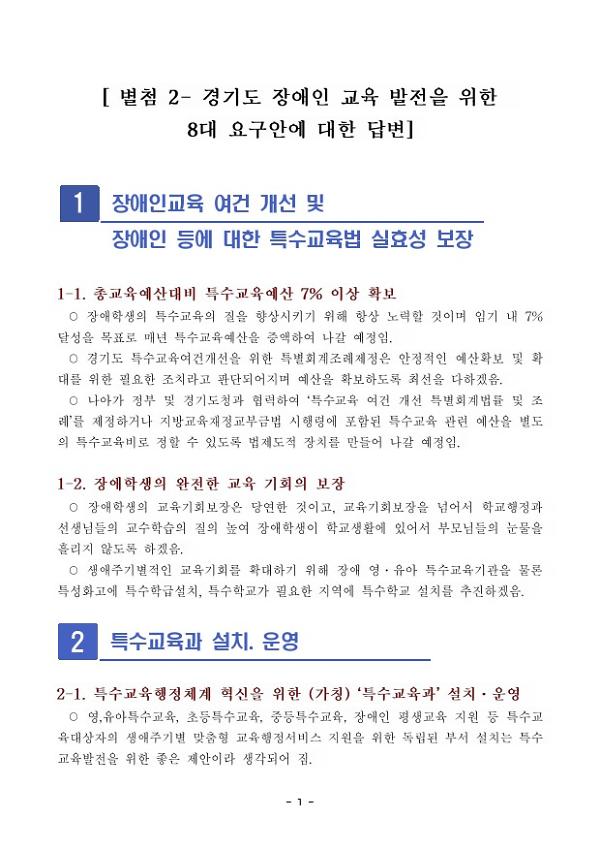 경기도 장애인 교육 발전을 위한 8대 요구안에 대한 답변